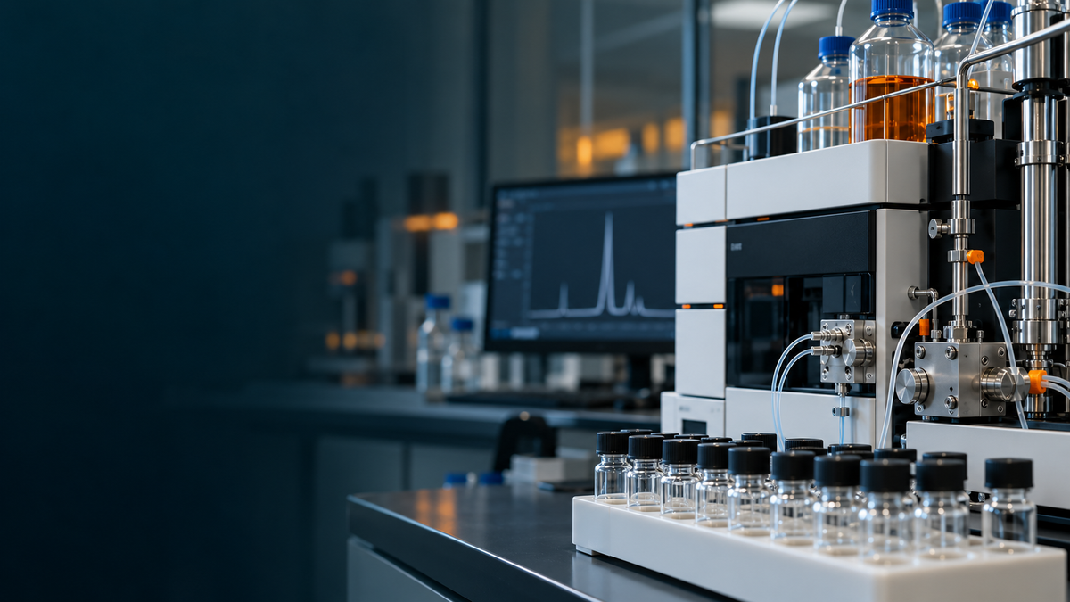 Aparatura HPLC i fiolki na próbki w laboratorium – ilustracja poglądowa